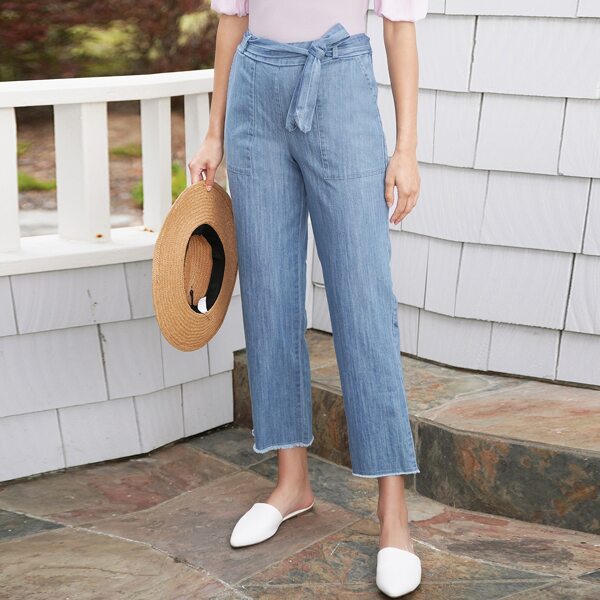 

Waist Tie Raw Hem Straight Leg Lightweight Jeans, Light wash