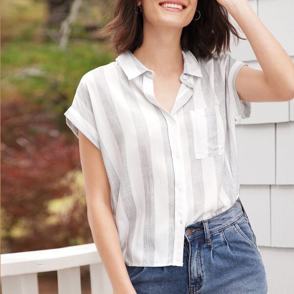 

Cuffed Short Sleeve Striped Button Up Shirt, Multicolor