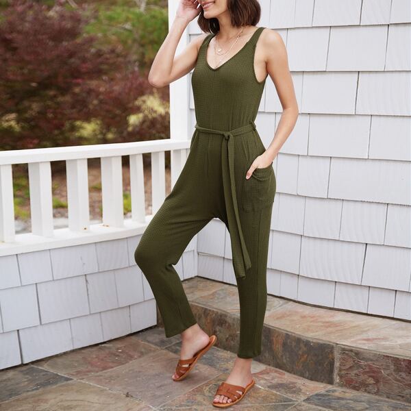 

Sleeveless Waist Tie Baggy Waffle Knit Jumpsuit, Army green
