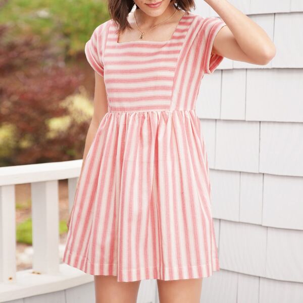 

Cuffed Sleeve Stripe Babydoll Mini Dress, Baby pink