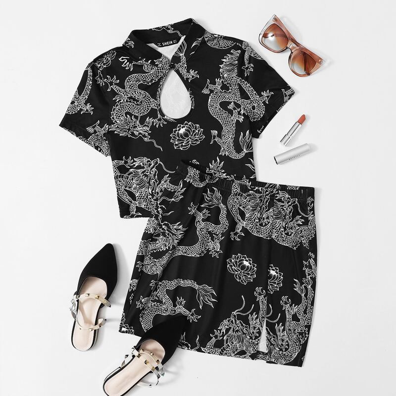 

Chinese Dragon & Floral Mandarin Collar Top & Slit Hem Skirt Set, Black