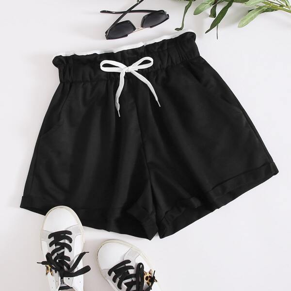 

Plus Contrast Trim Drawstring Waist Track Shorts, Black