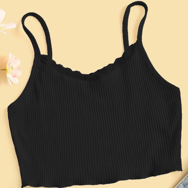 

Plus Lace Trim Rib-knit Cami Top, Black