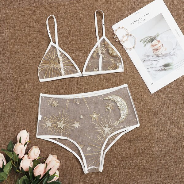 

Glitter Sheer Mesh Lingerie Set, White