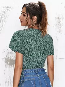 SHEIN 交叉圍裹側結飾滿版植物圖案上衣 - 墨綠色 - 查看 2