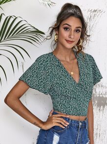 SHEIN 交叉圍裹側結飾滿版植物圖案上衣 - 墨綠色 - 查看 3