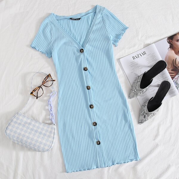 

Button Front Lettuce Trim Rib-knit Dress, Pastel baby blue