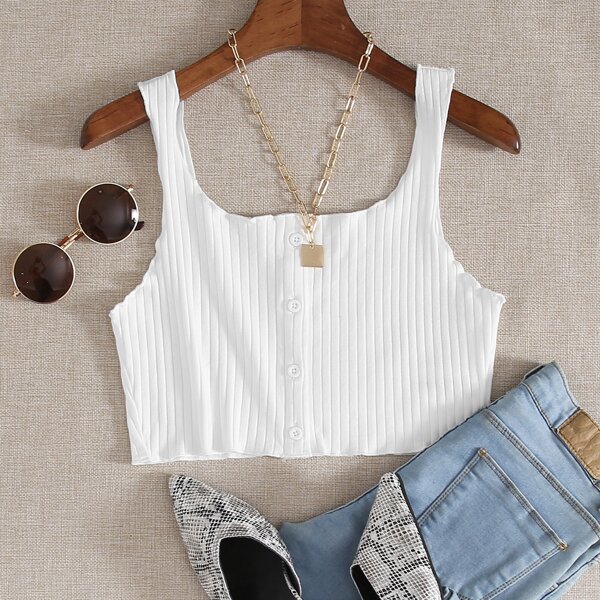 

Button Front Rib-knit Crop Tank Top, White