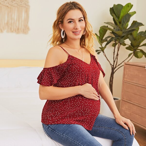 

Maternity Polka Dot Open-Shoulder Top, Burgundy