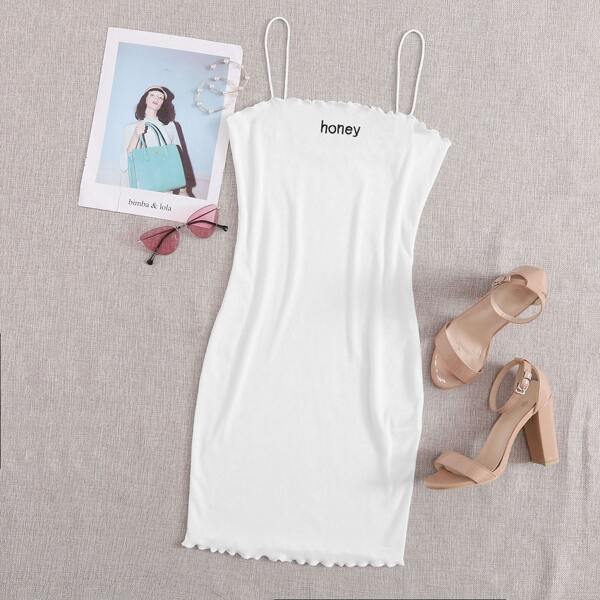 

Embroidery Letter Lettuce Trim Rib-knit Bodycon Dress, White