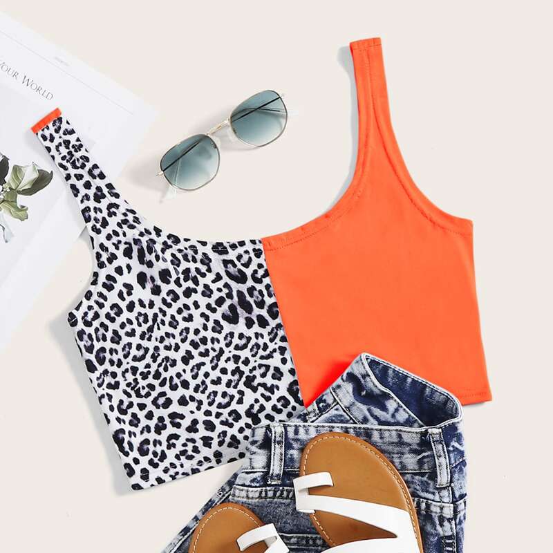 

Leopard Spliced Crop Tank Top, Multicolor