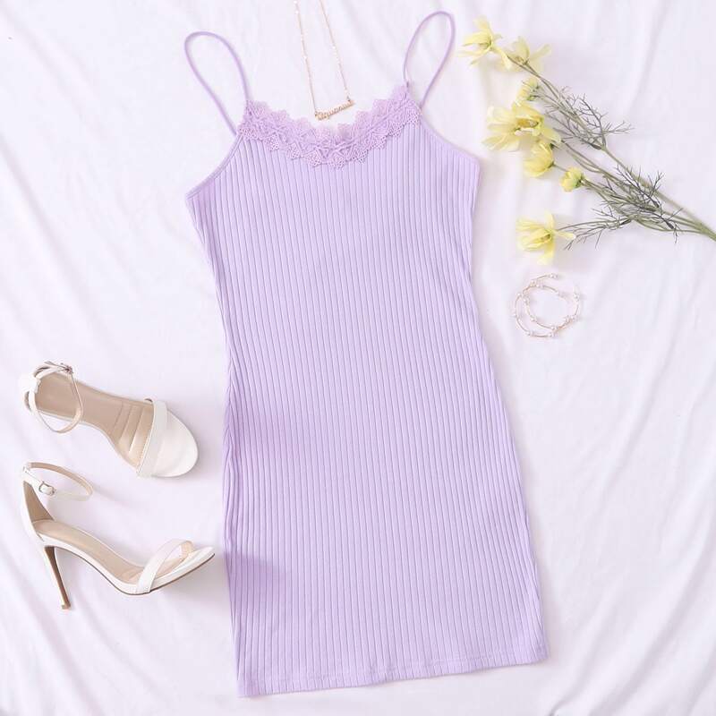 

Lace Detail Rib-knit Bodycon Dress, Pastel lilac purple