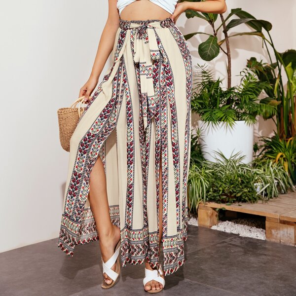

Tribal Print Split Thigh Belted Palazzo Pants, Multicolor
