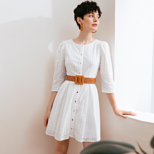 

Button Front Schiffy Dress With Belt, White