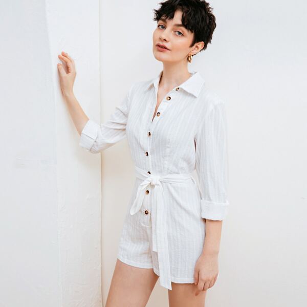 

Single Breasted Belted Romper, White