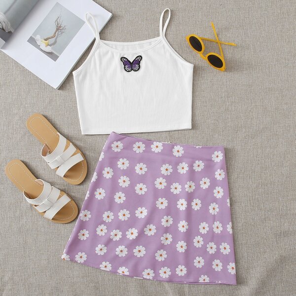 

Butterfly Embroidery Cami Top & Floral Skirt, Multicolor