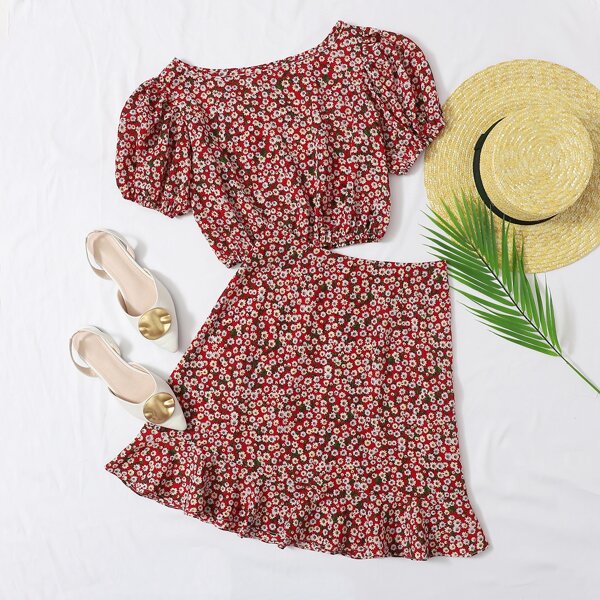 

Ditsy Floral Print Puff Sleeve Top & Ruffle Hem Skirt, Multicolor