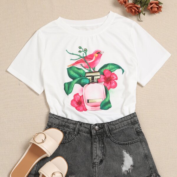 

Perfume And Floral Print Tee, White