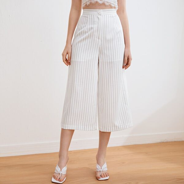 

Zipper Fly Striped Palazzo Capri Pants, White