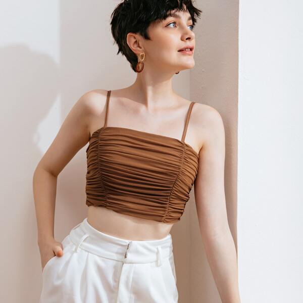 

Ruched Cropped Cami Top, Coffee brown