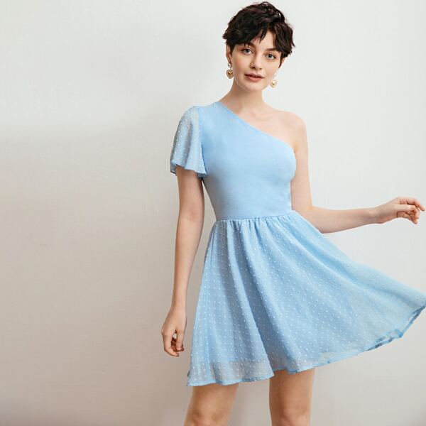 

One Shoulder Swiss Dot Panel Dress, Pastel baby blue