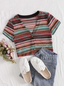 Soleia Áo thun Nút phía trước Sọc Nhiều màu Giải trí - Nhiều màu - Xem 1
