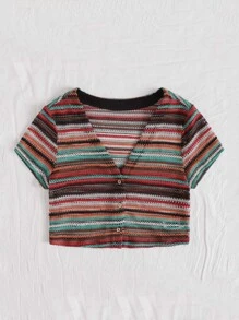 Soleia Áo thun Nút phía trước Sọc Nhiều màu Giải trí - Nhiều màu - Xem 3