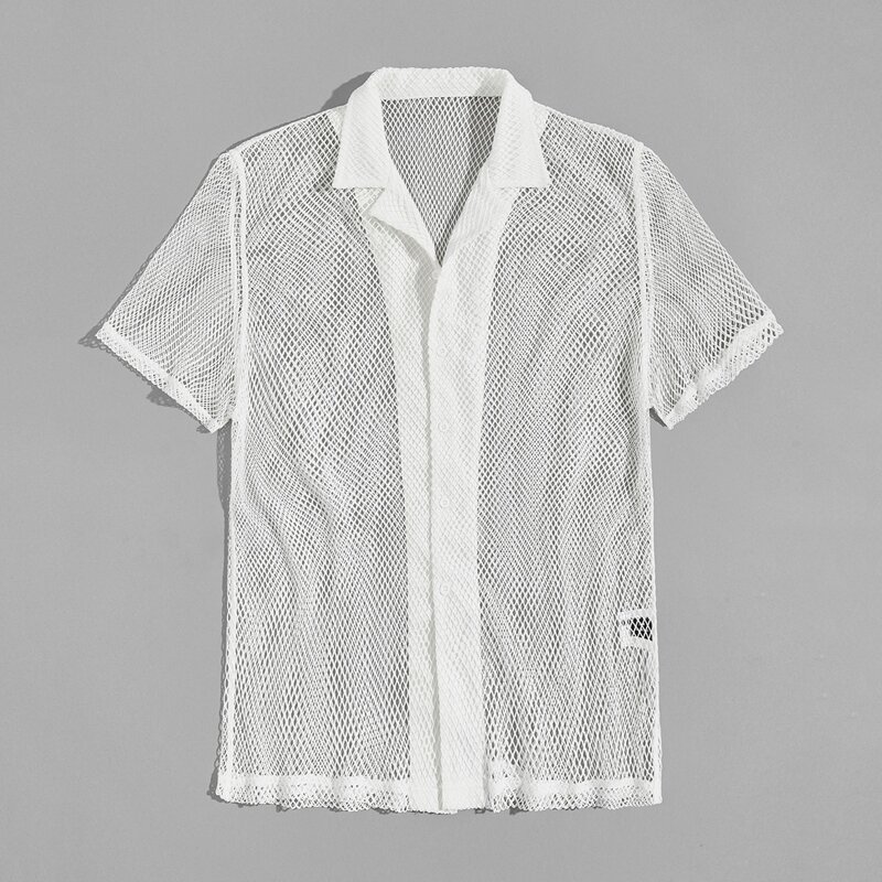 

Guys Lapel Collar Sheer Mesh Shirt, White