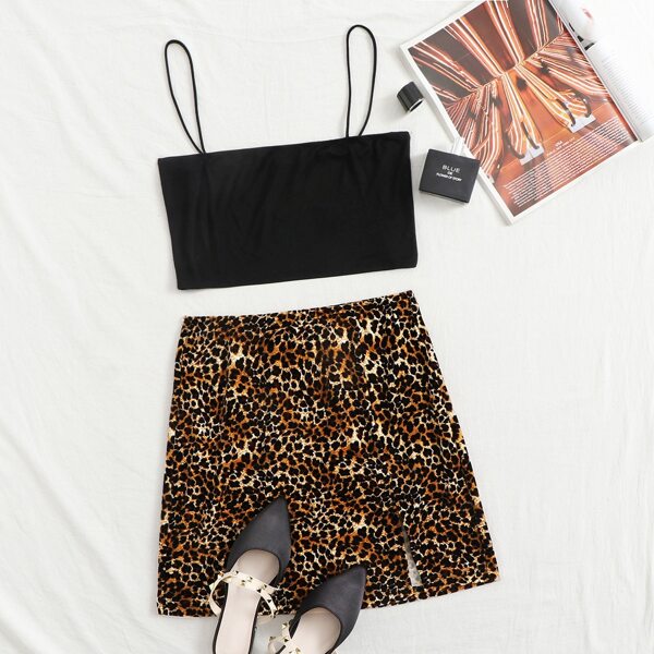 

Solid Cami Top & Split Hem Leopard Skirt Set, Multicolor