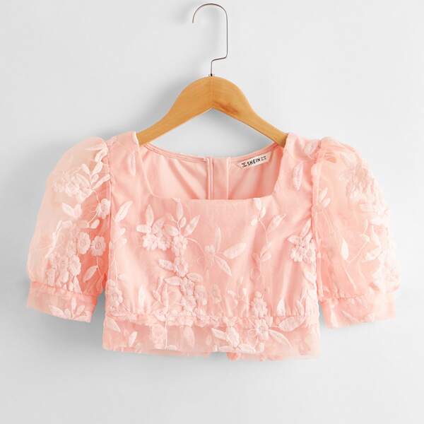 

Girls Zipper Back Floral Embroidered Organza Top, Pastel baby pink