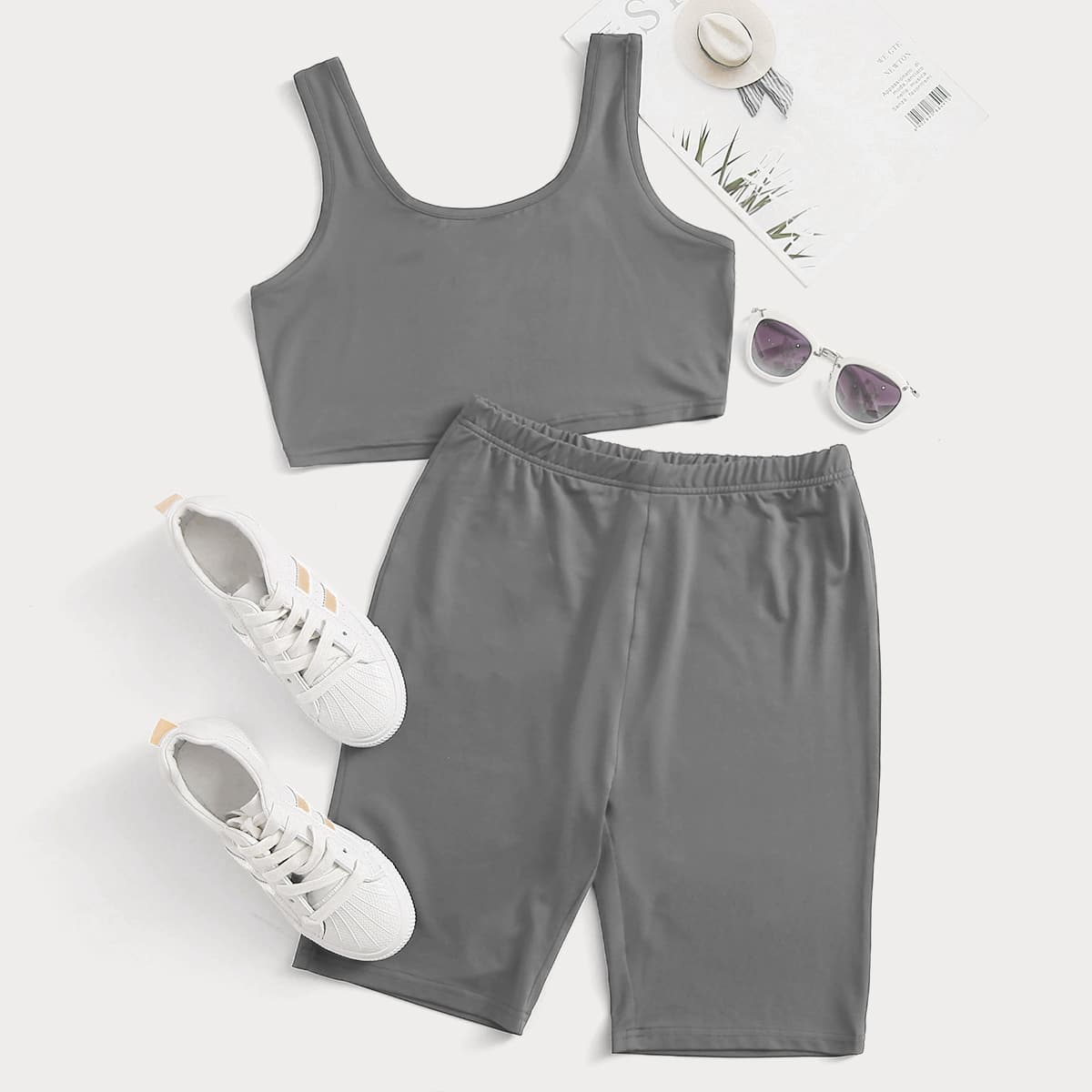 

Solid Crop Tank & Biker Shorts, Grey