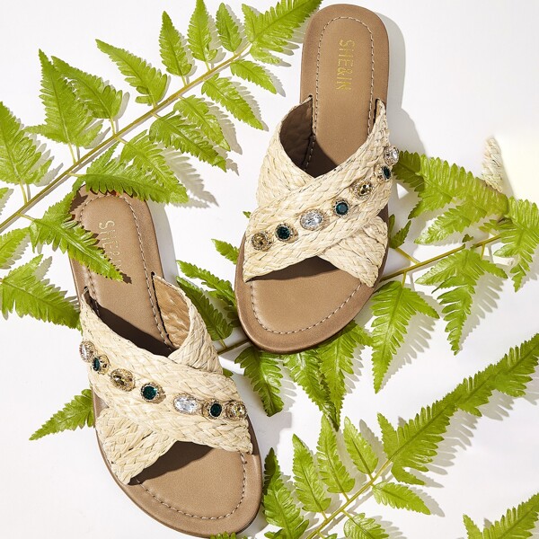 

Gemstone Decor Braided Strap Slide Sandals, Apricot