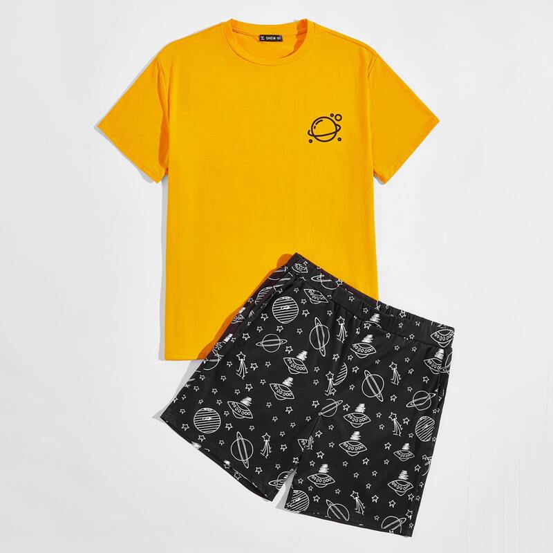 

Guys Saturn Print Top & Shorts PJ Set, Multicolor
