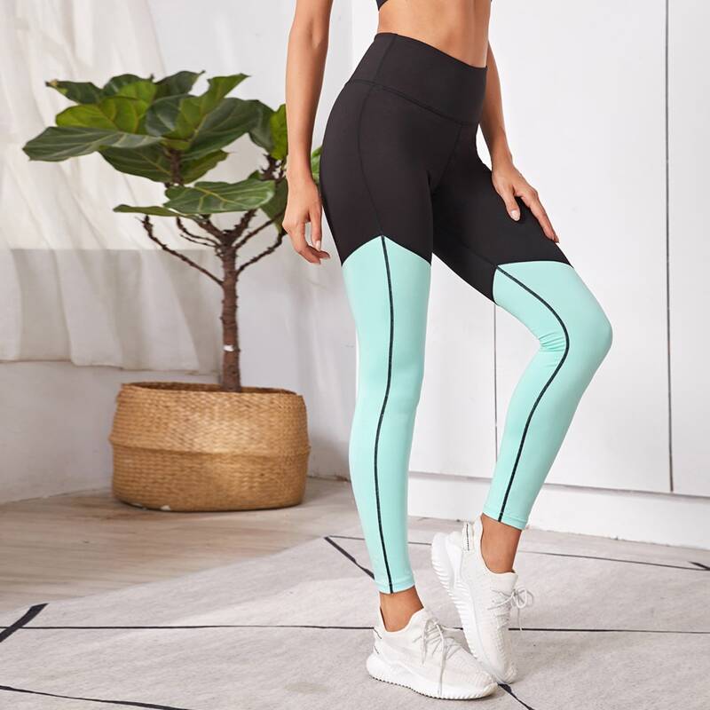 

Two Tone Top-Stitching Wide Waistband Sports Leggings, Multicolor