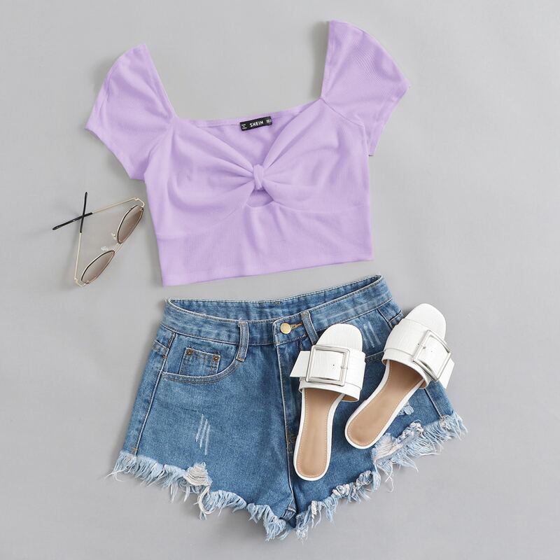 Peekaboo Front Solid Milkmaid Crop Top, Lilac purple