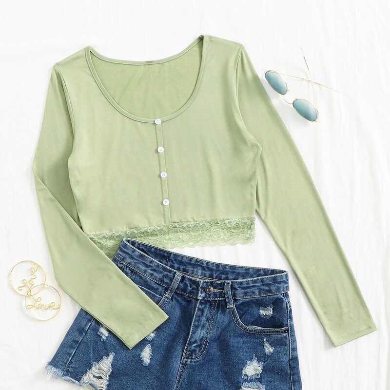 

Lace Hem Button Front Tee, Mint green
