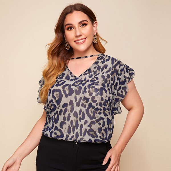 

Plus Butterfly Sleeve Keyhole Neck Leopard Top, Multicolor