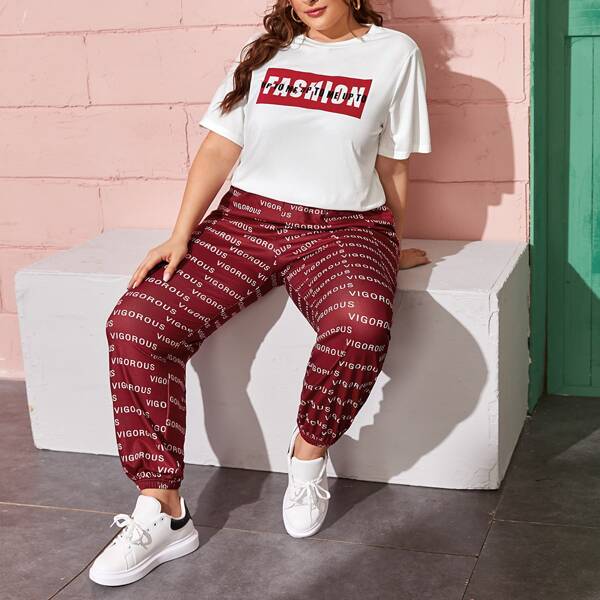 

Брюки и футболка размера плюс с текстовым принтом, Многоцветный