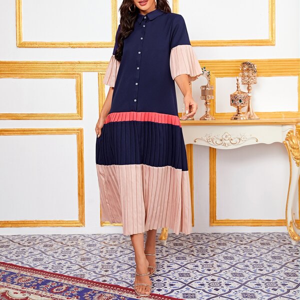 

Color-block Pleated Hem Shirt Dress, Multicolor