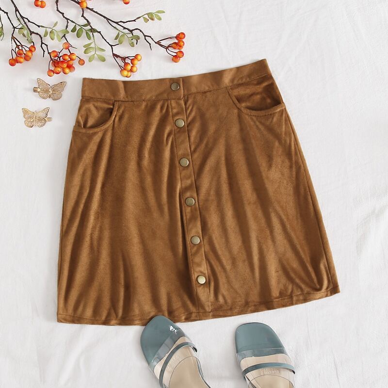

Button Through Suede Mini Skirt, Brown