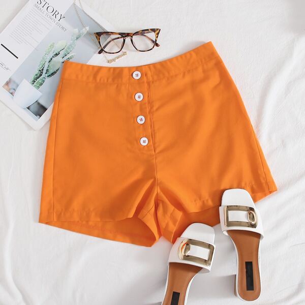 

Solid Button Front Shorts, Orange bright