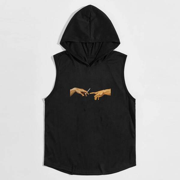 

Men Hands Print Hooded Tank Top, Black