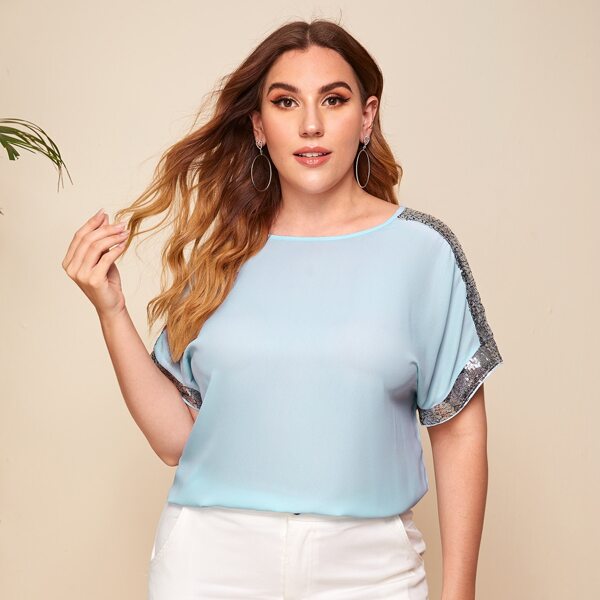 

Plus Contrast Sequin Panel Batwing Sleeve Top, Pastel baby blue