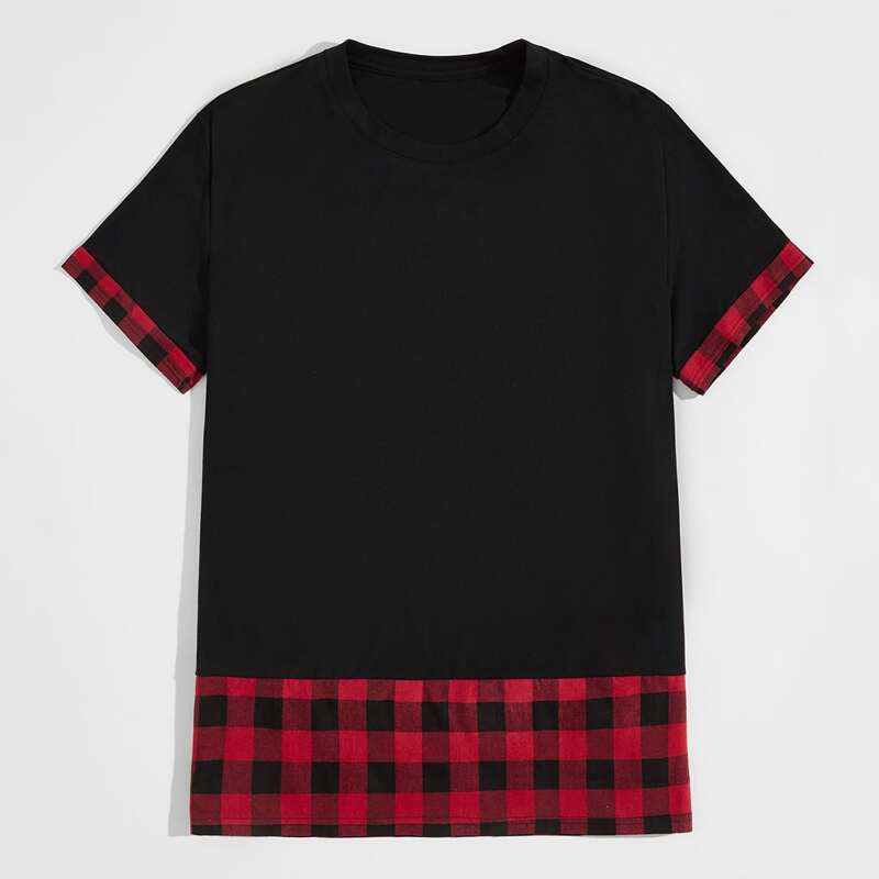 

Men Contrast Gingham Short Sleeve Tee, Black
