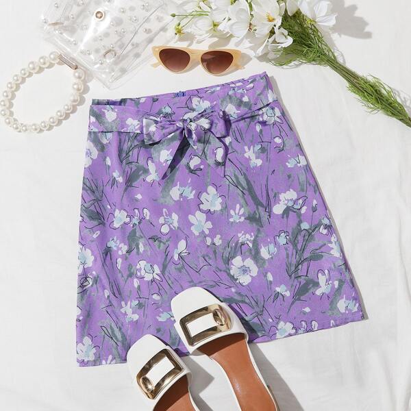

Tie Waist Floral Print Skirt, Violet purple