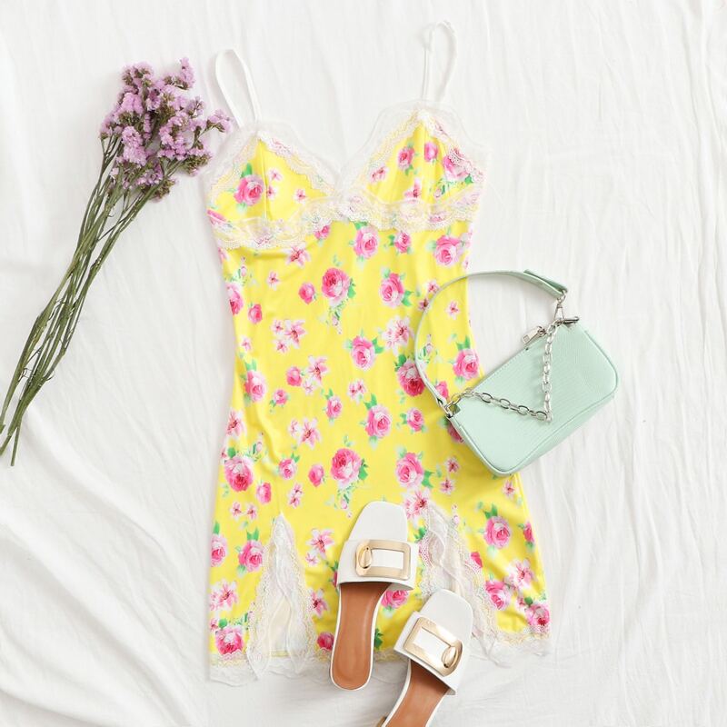 

Rose Floral Lace Mini Cami Dress, Yellow