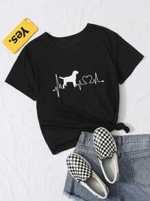 SHEIN Unity Dog & Heartbeat Print Tee - Black - View 1
