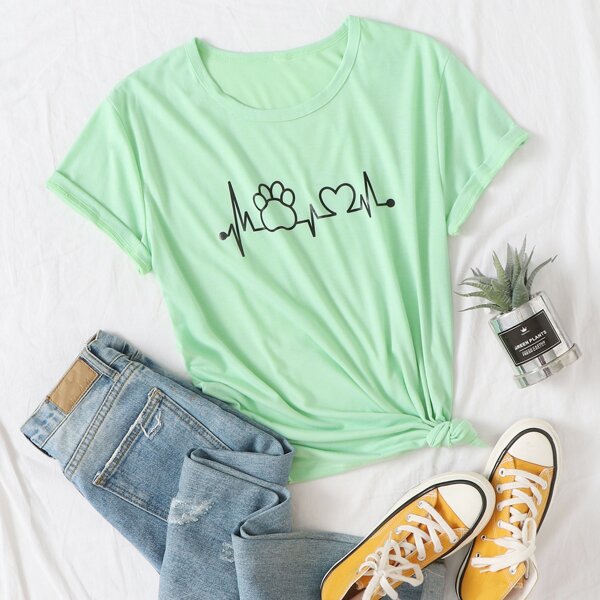 

Roll Up Sleeve Heart And Graphic Print Tee, Neon lime green