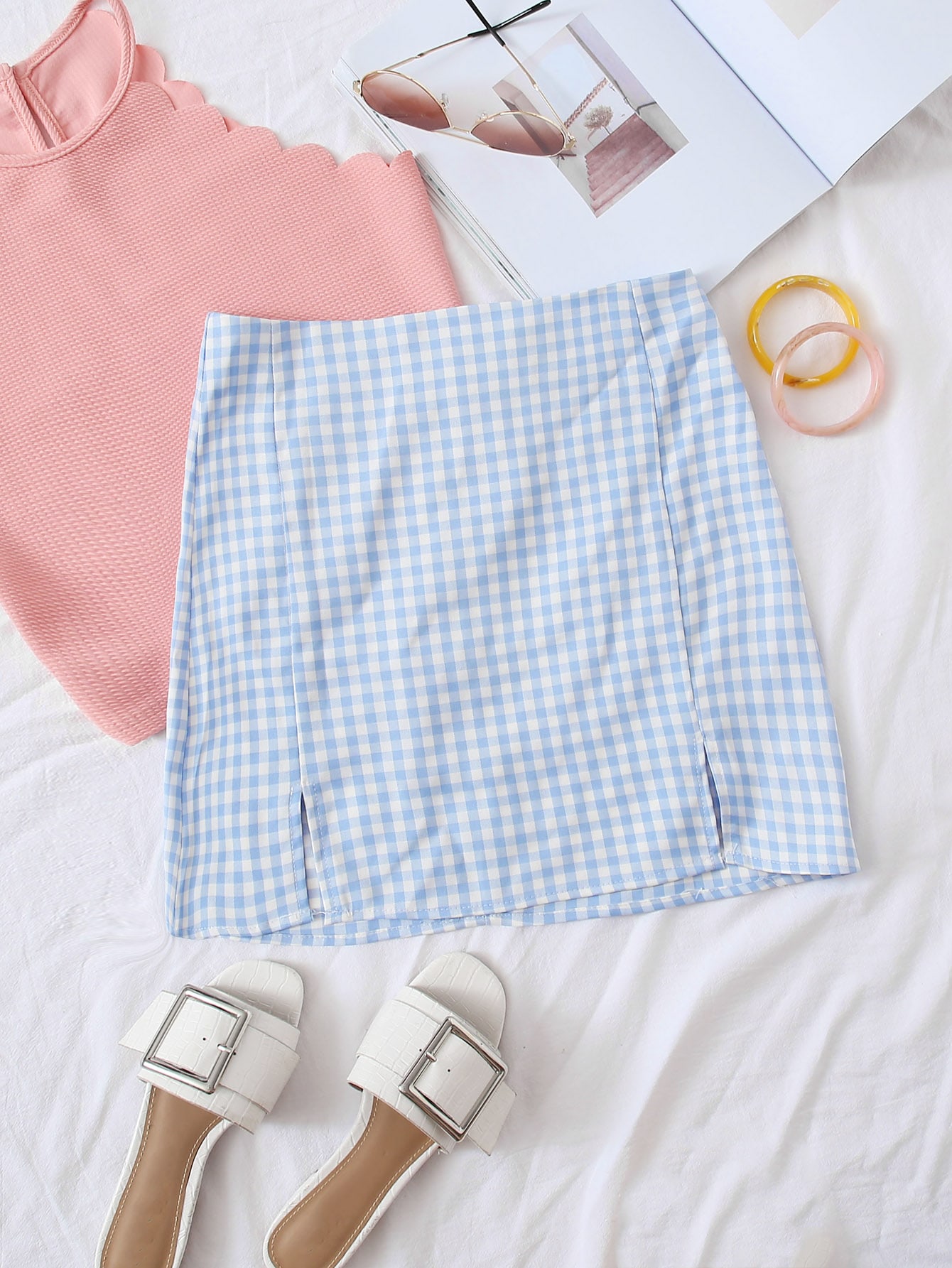 Gingham Zippered M-Slit Mini Skirt thumbnail