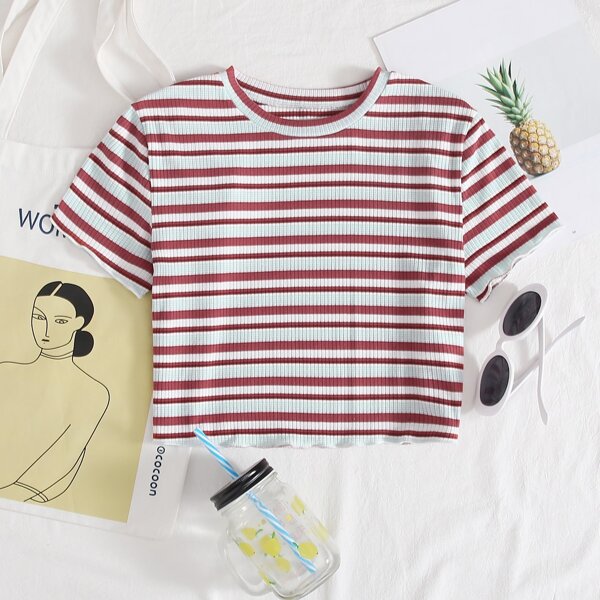 

Striped Lettuce Trim Rib-knit Tee, Multicolor